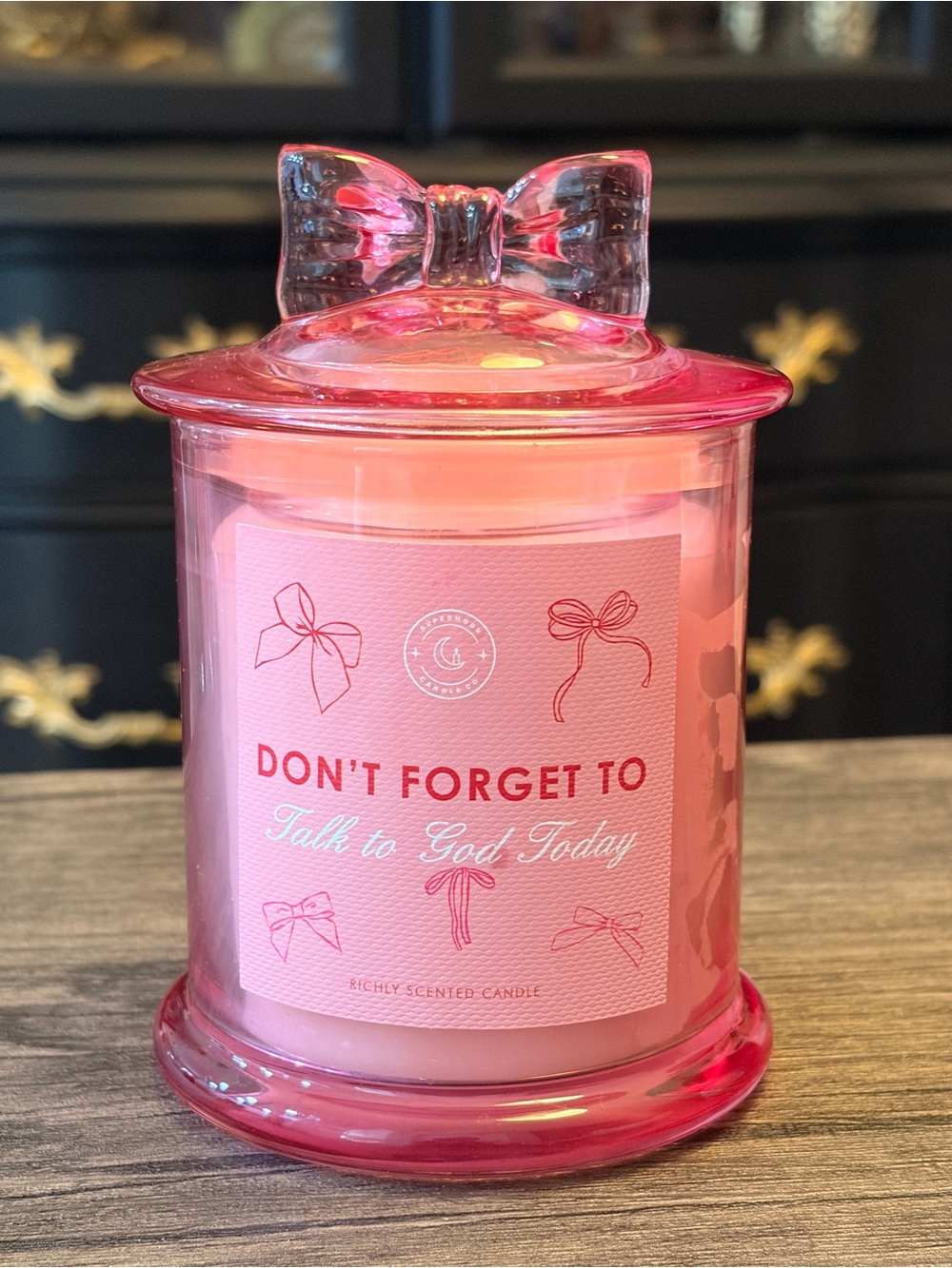 Don't Forget To Talk to God Today- Pink glass bow jar Scented Candle- 8.5 oz